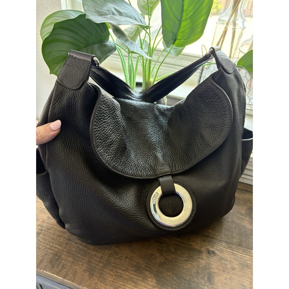 Furla Vintage Y2K Black Leather Slouchy Hobo Bag Silver Ring Logo Flap